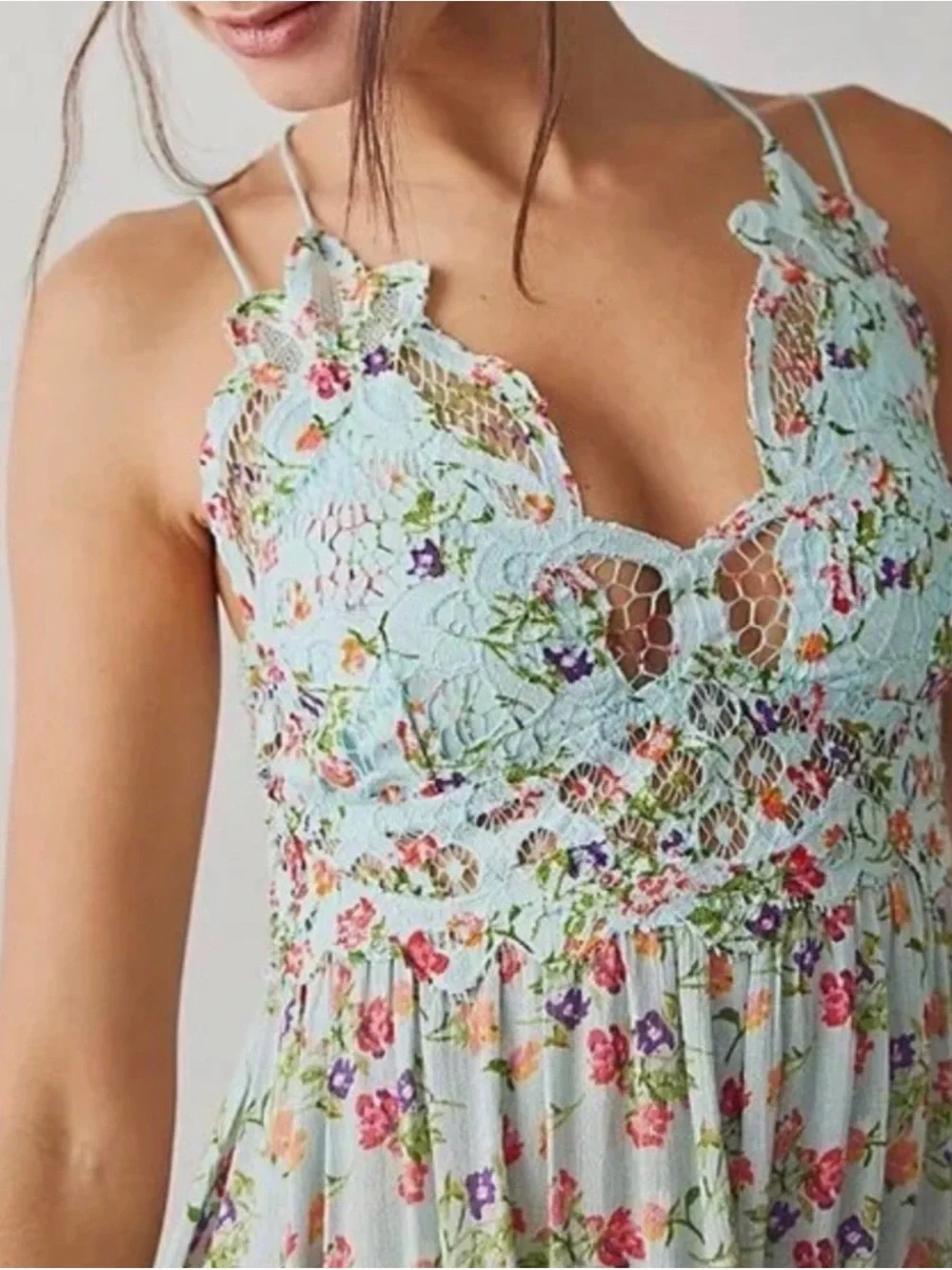 BNWOT Free People Pale Blue Floral Lace-Trim Asymmetrical Cross Back Dress - XL - Picture 2 of 15
